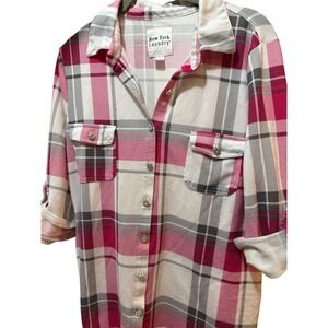New York Laundry Barbie Pink Plaid Button Front Shirt L Rhinestone Buttons
